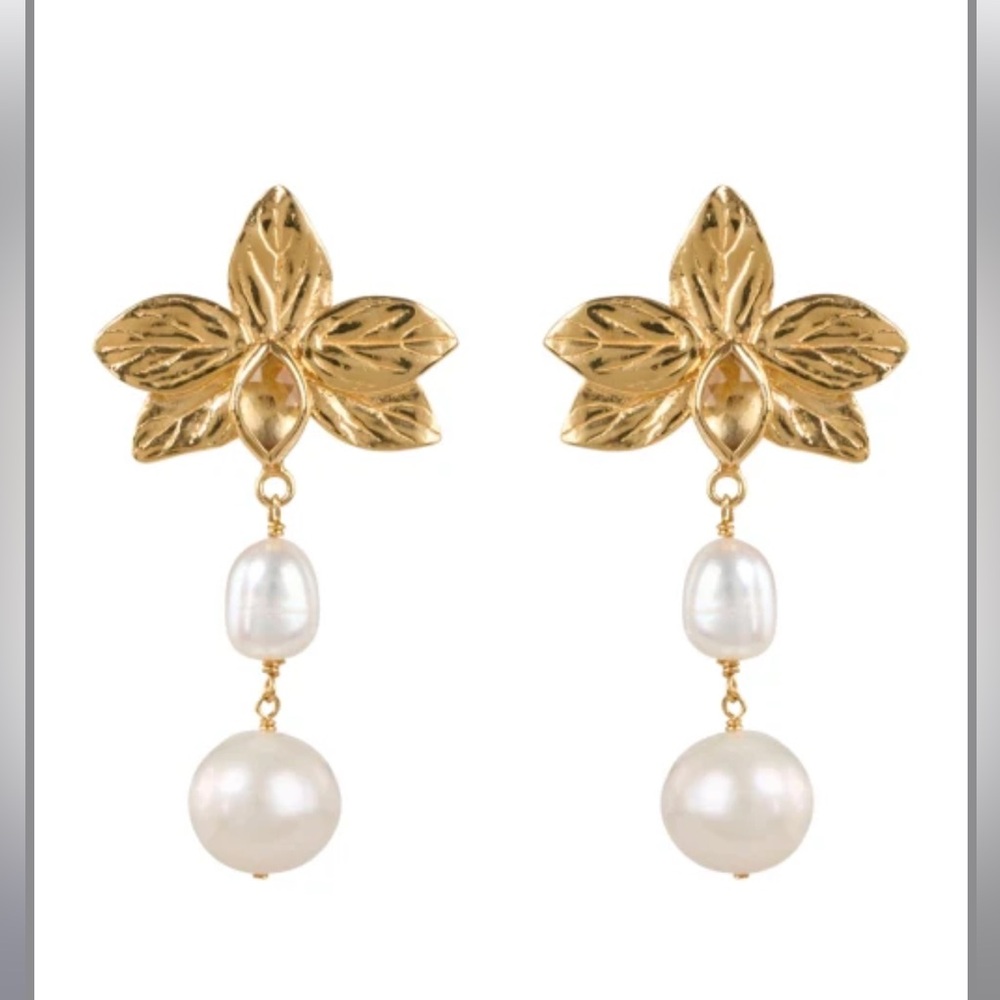 NWT $215 Chan Luu Sylve 18k GP Citrine Flower Pearl Drop Earrings ~ Boho Chic 🌺 - Picture 3 of 6
